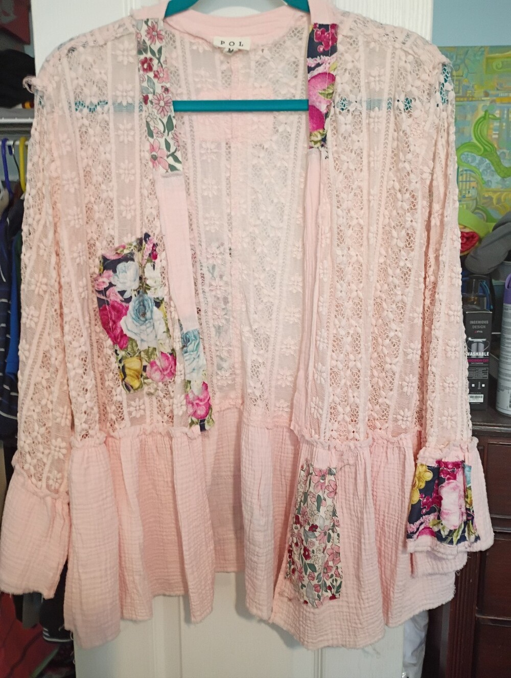 POL Boho Floral Patchwork Crochet Lace Gauze Cardigan Pink